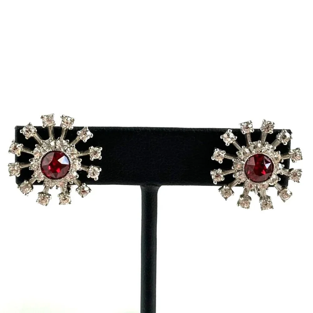 Vintage Sterling Clip-On Earrings, 1940s Rhinestone Starburst - Picture 4 of 7